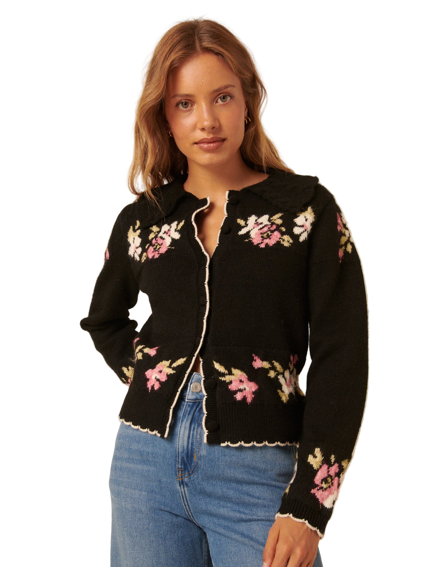 Floral Jacquard Collar Cardigan